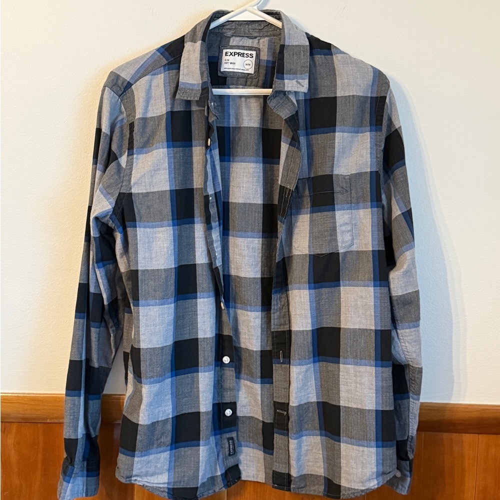 Express Men's Casual Blue and Black Checkered Shirt